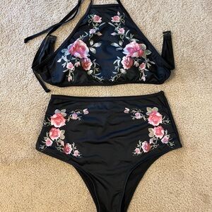 Cupshe Black Bikini with Pink Floral Design